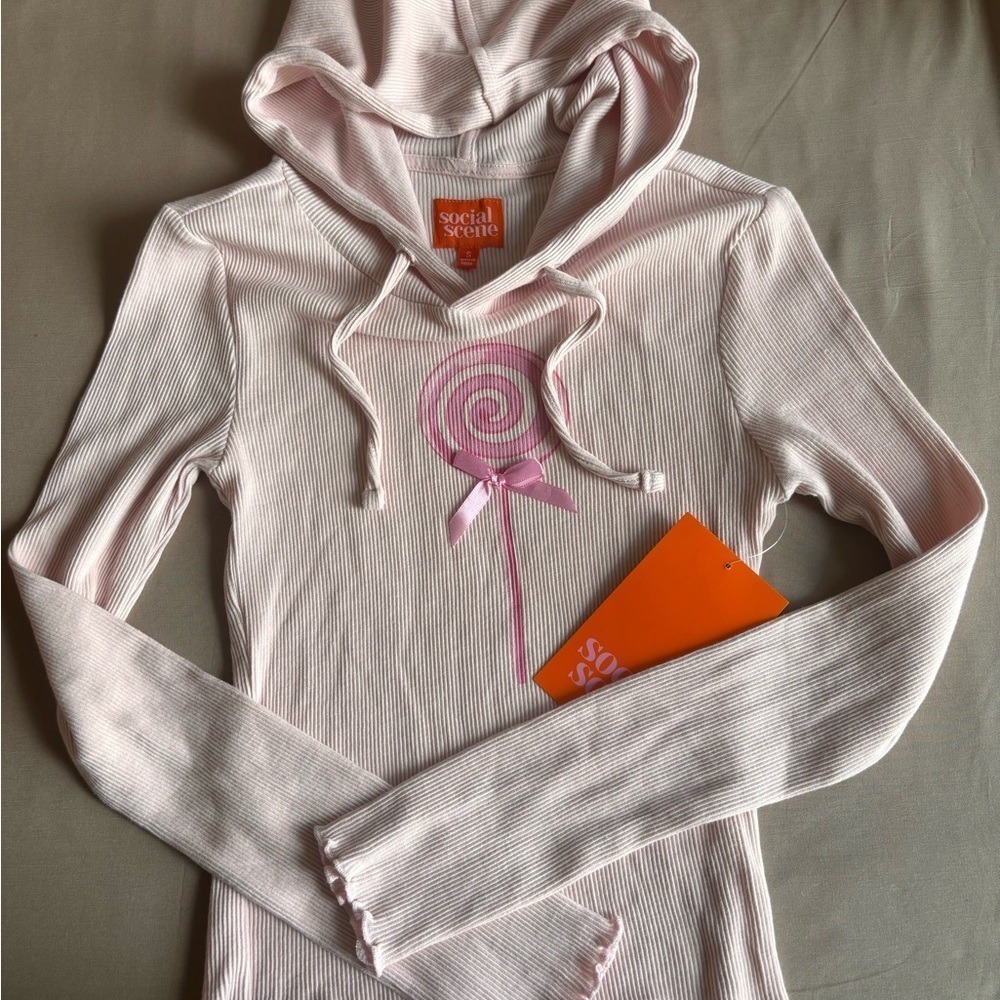 Social Scene Pink Ribbed Lollipop Hoodie Graphic Bow Lettuce Edge Y2K Top Small